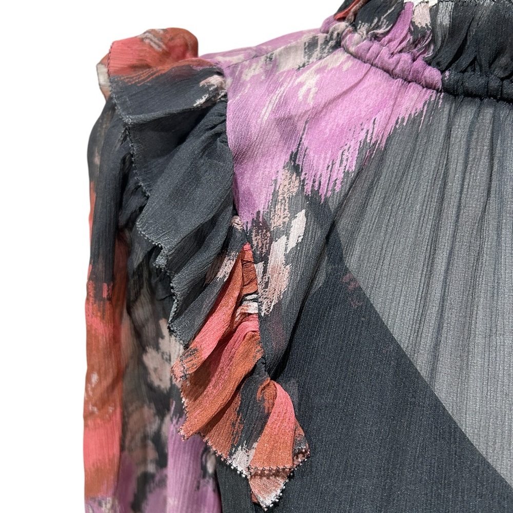 NWT unsubscribed Floral Long Sleeve sheer floral Dress tie belt ruffle black  8 - Picture 5 of 13